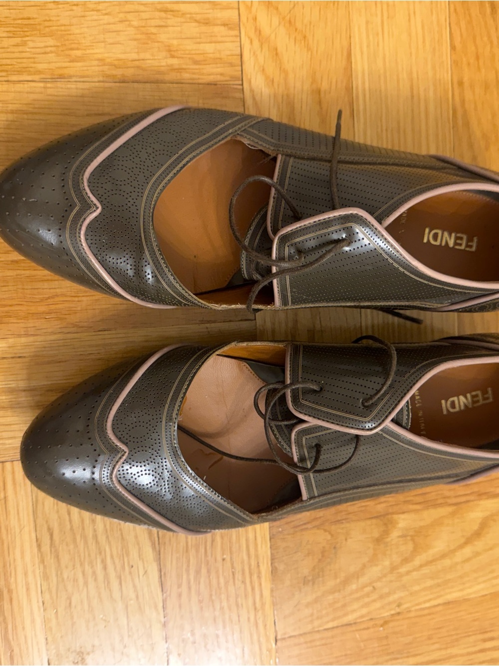 Fendi loader- Olive Green Leather Lace-Up Flats with Pink Trim